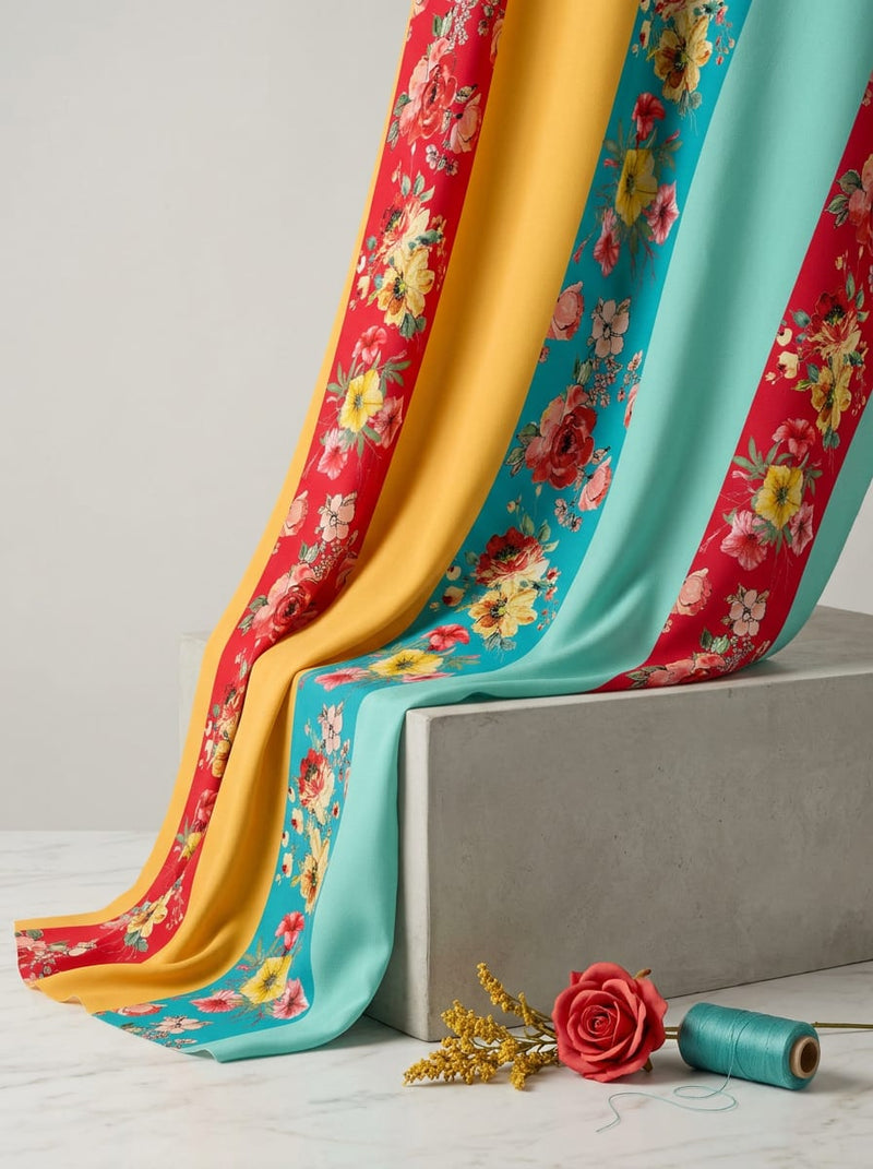 Multicolor Floral and Solid Stripes Weightless Digital Printed Fabric