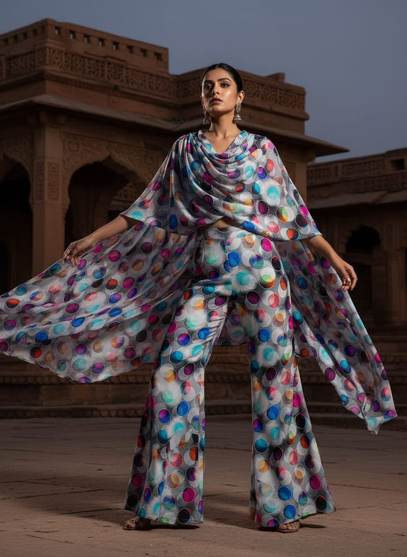 Rainbow Circle With Doted Line Bar Digital Printed Fabric - Silk Crepe