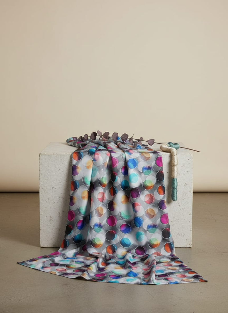 Rainbow Circle With Doted Line Bar Digital Printed Fabric - Silk Crepe