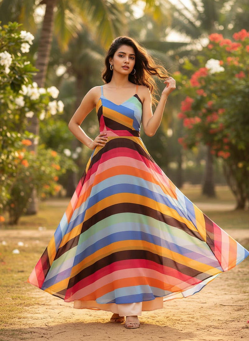 Morden Multicolour Rainbow Strips Digital Printed Fabric - Weightless