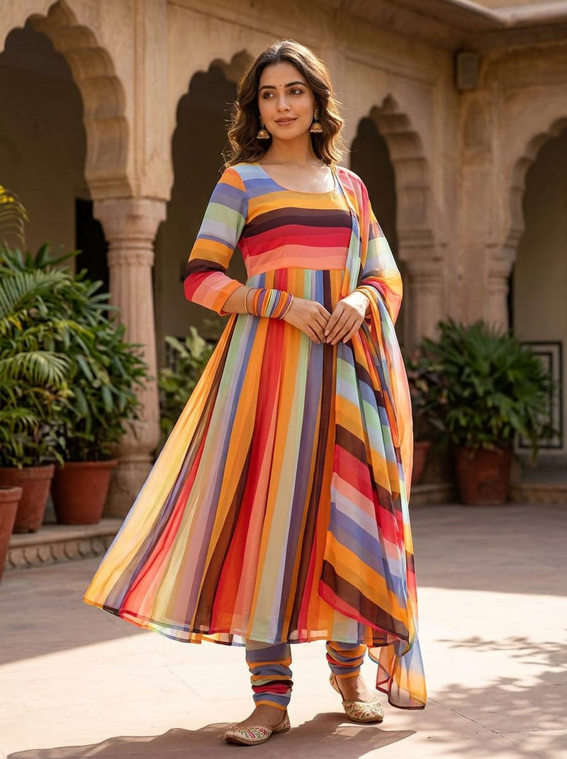 Multicolor Colorful Wavy Stripes Weightless Digital Printed Fabric