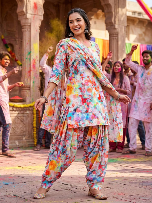 Multicolor Colorful Abstract Paint Splatter Pure Cotton Digital Printed Fabric - Patiala Salwar Set Lookbook - PCO-0-TA09666-108 - alternate view