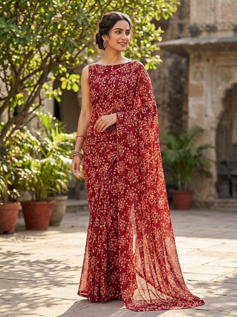 Maroon Small Floral Bloom Pure Georgette Digital Printed Fabric
