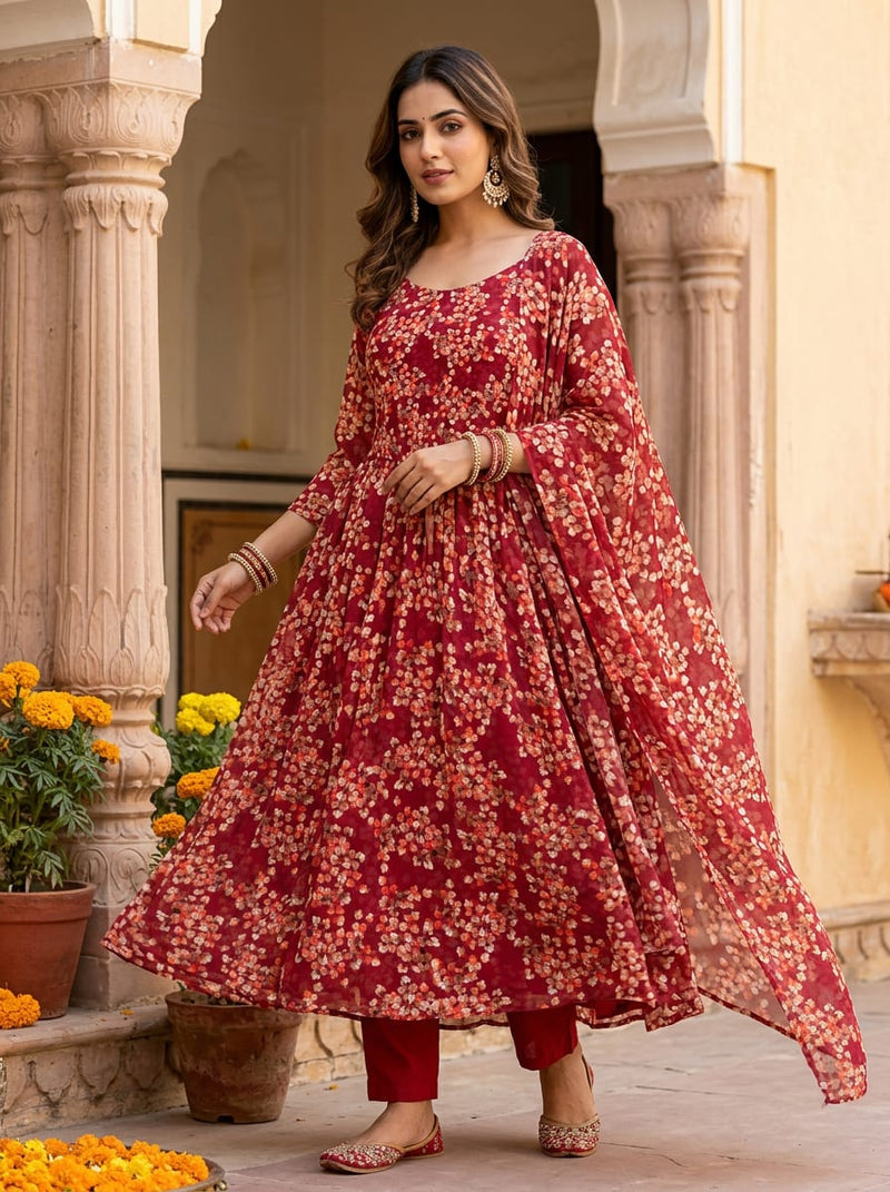 Maroon Small Floral Bloom Pure Georgette Digital Printed Fabric