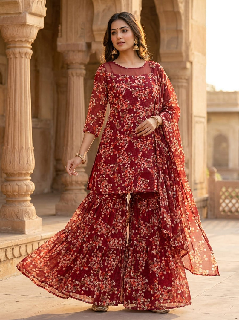 Maroon Small Floral Bloom Pure Georgette Digital Printed Fabric