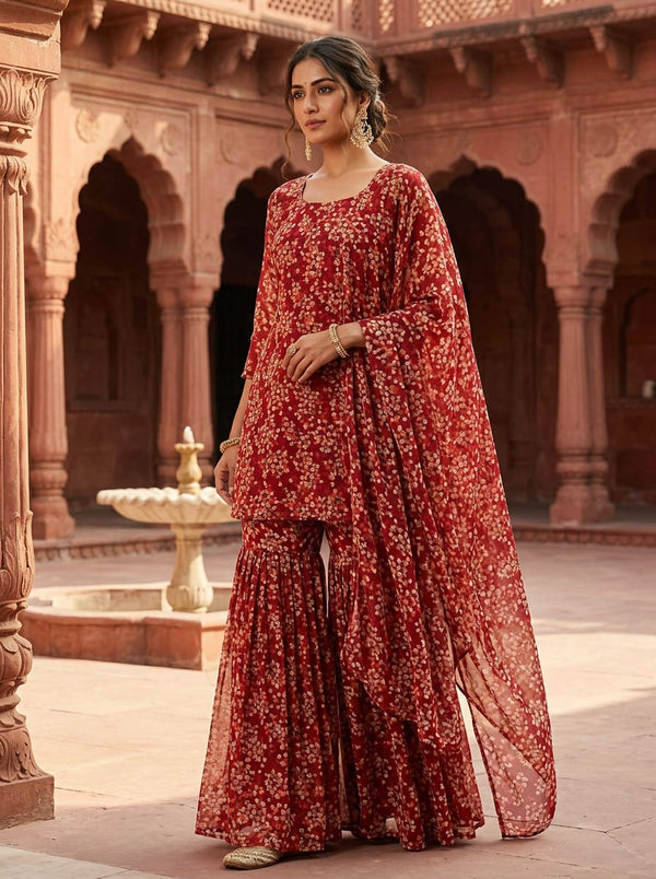 Maroon Small Floral Bloom Pure Georgette Digital Printed Fabric - Gharara Set Lookbook - PG-0-TA09669A-110 - alternate view