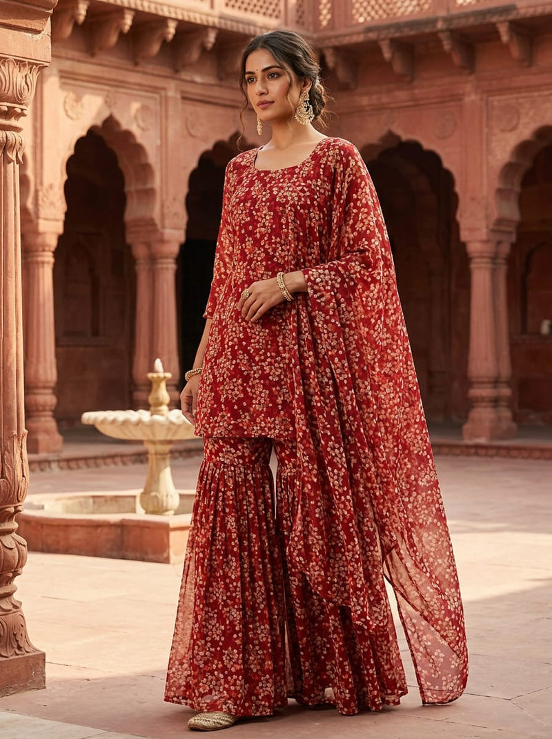 Maroon Small Floral Bloom Pure Georgette Digital Printed Fabric