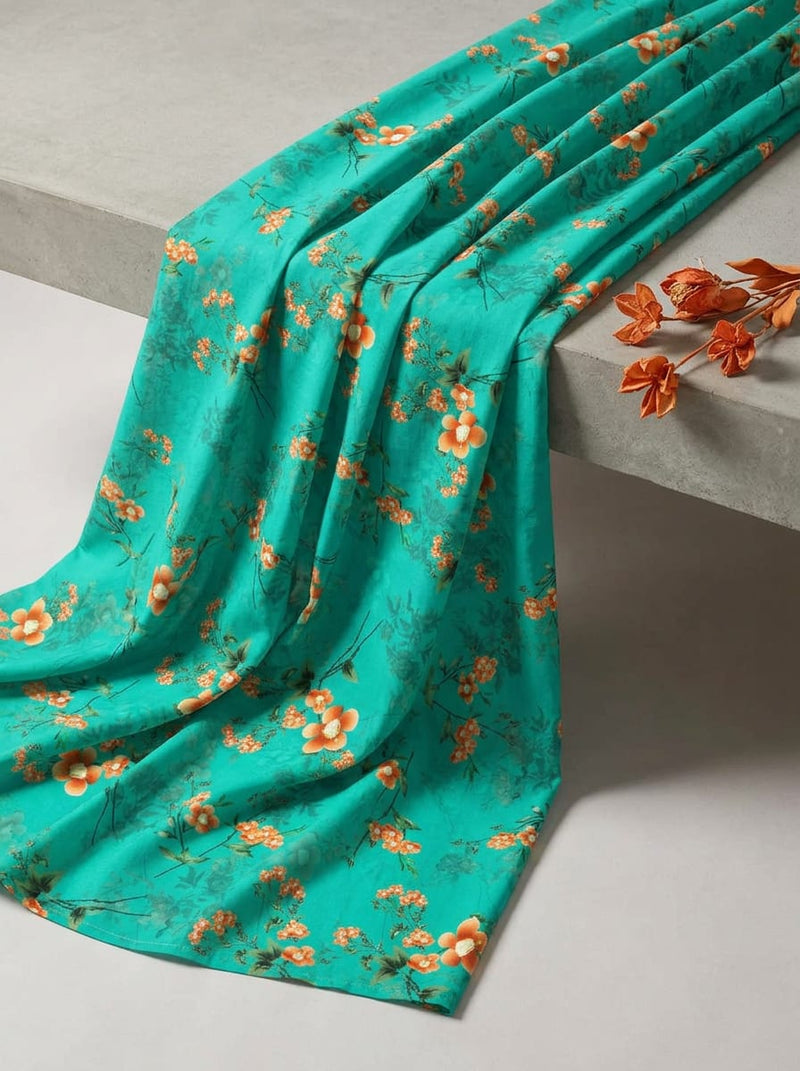 Teal Dainty Orange Blossom Floral Pure Cotton Digital Printed Fabric
