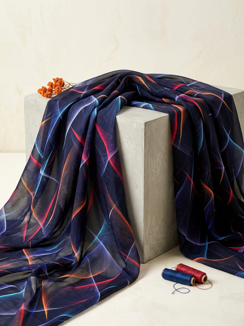 Multicolor Abstract Neon Light Streaks Weightless Digital Printed Fabric