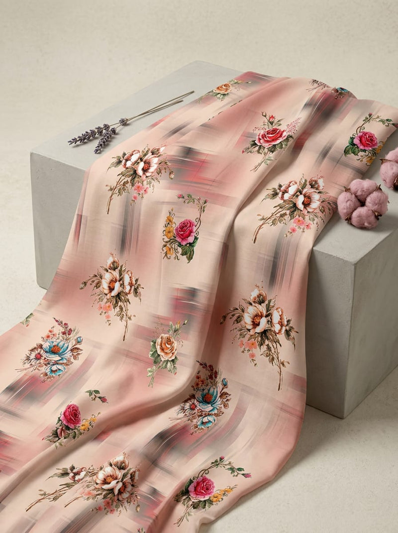 Peach Painterly Rose Bouquets Pure Cotton Digital Printed Fabric