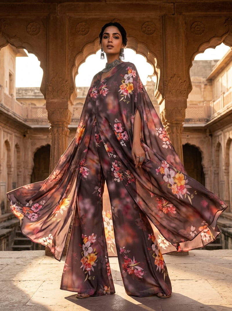 Brown Muted Floral Bouquet Silk Crepe Digital Printed Fabric