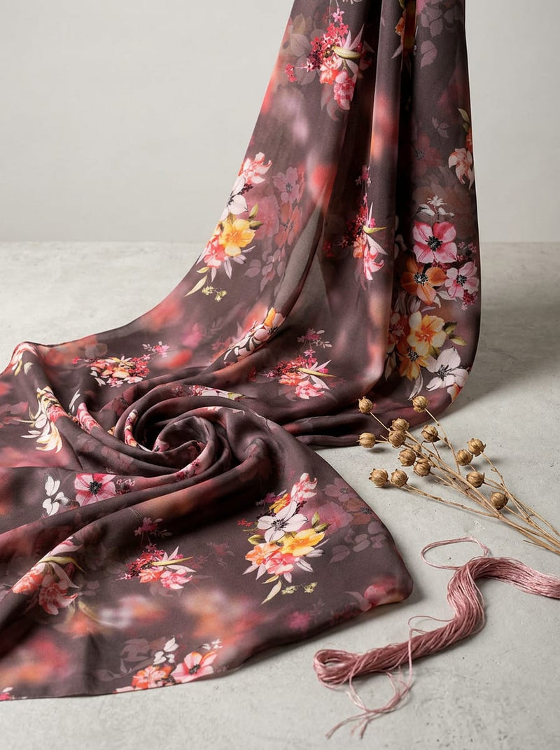 Brown Muted Floral Bouquet Silk Crepe Digital Printed Fabric