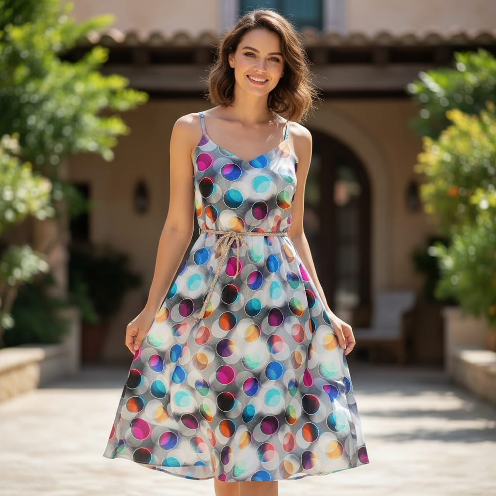 Rainbow Circle With Doted Line Bar Digital Printed Fabric