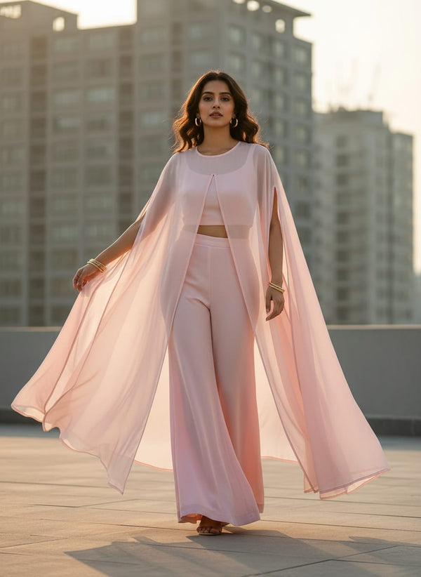 Peach Color Pure Chinon Plain Dyed Fabric - Cape with Palazzo Lookbook - PLPC-0-PL2025-108 - alternate view