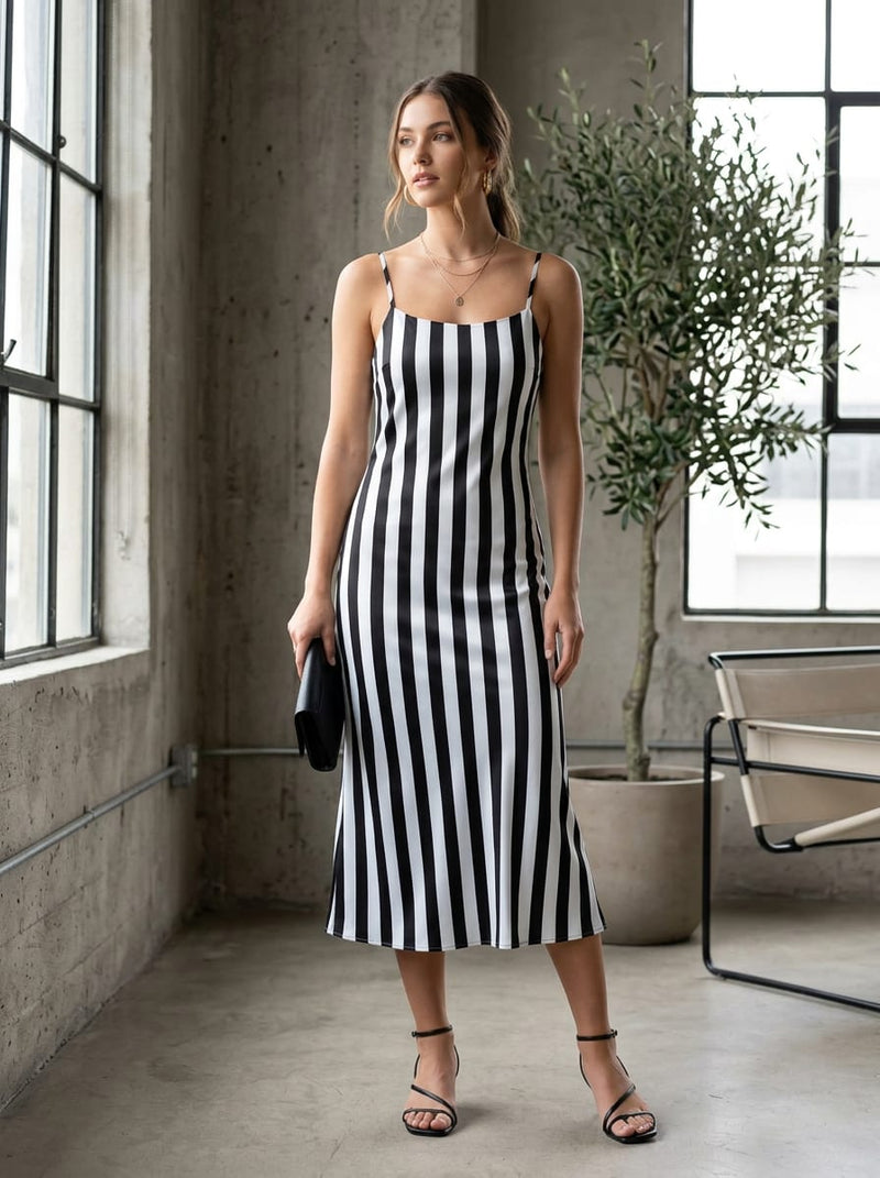 Black Bold Vertical Stripes Japan Satin Digital Printed Fabric