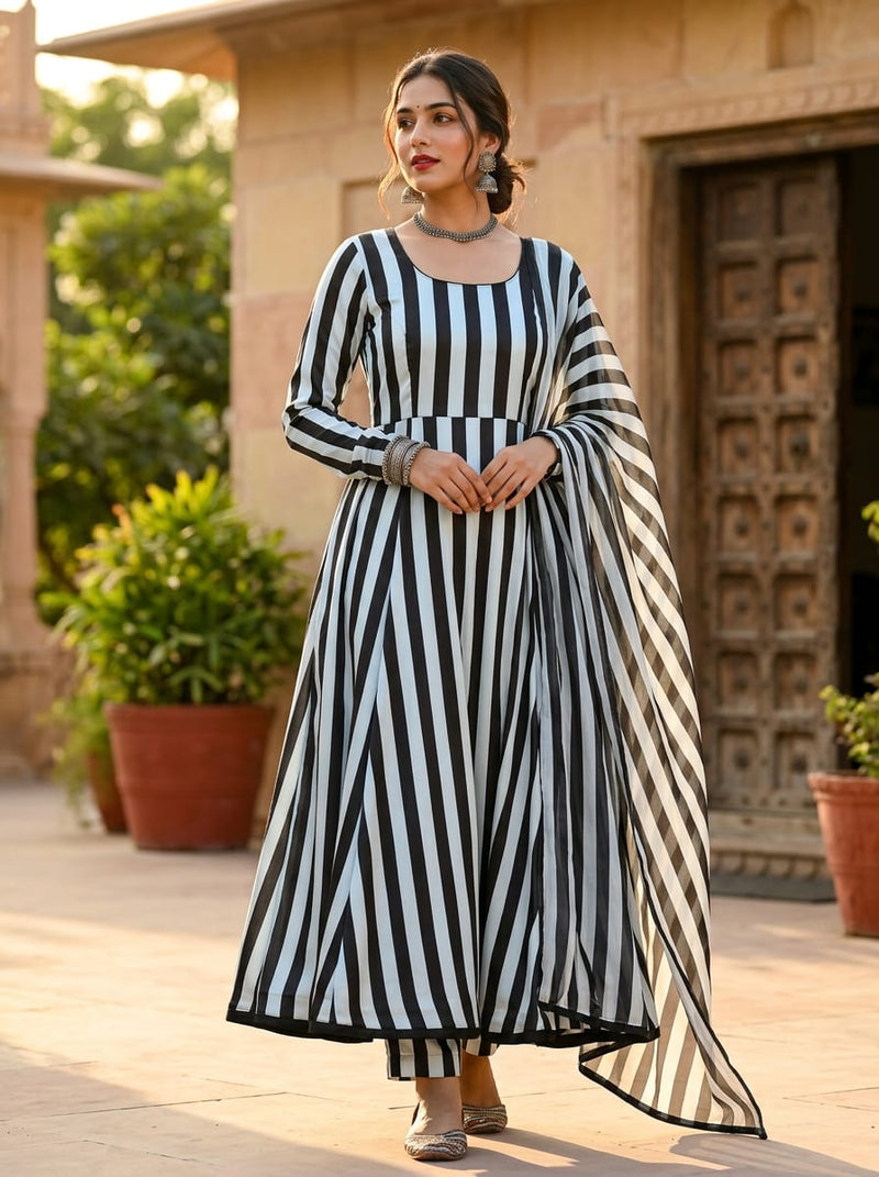 Black Bold Vertical Stripes Japan Satin Digital Printed Fabric
