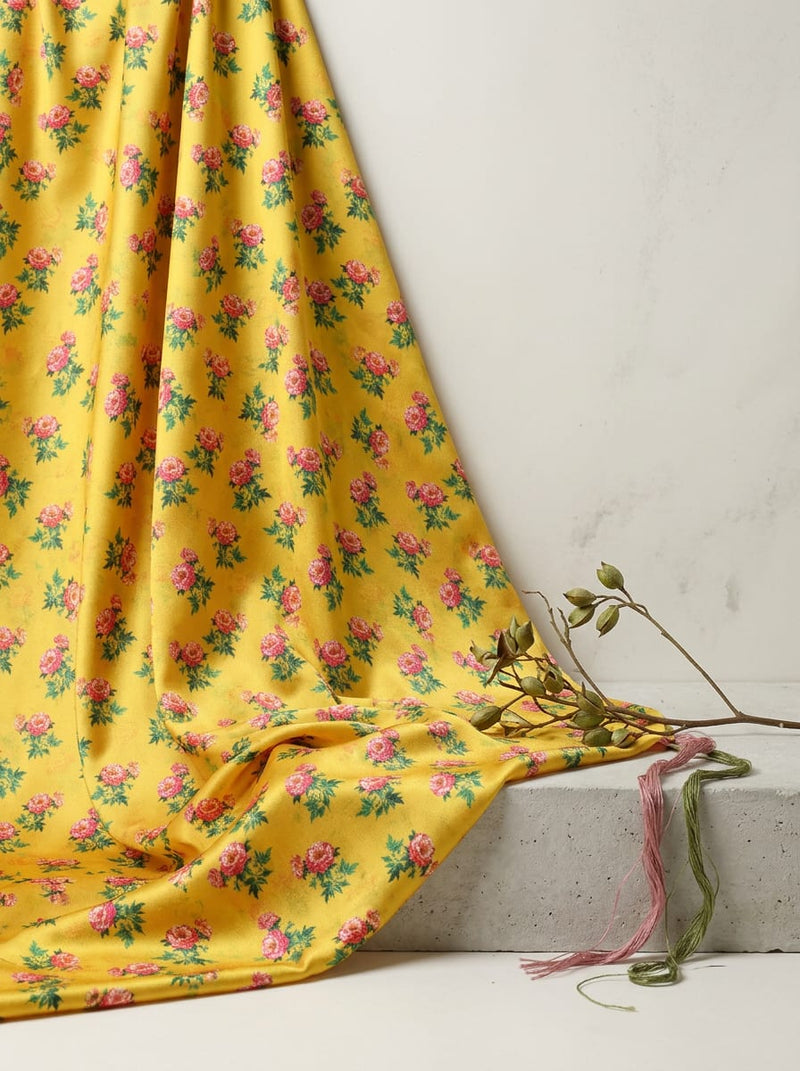 Yellow Small Rose Floral Bouquet Japan Satin Digital Printed Fabric