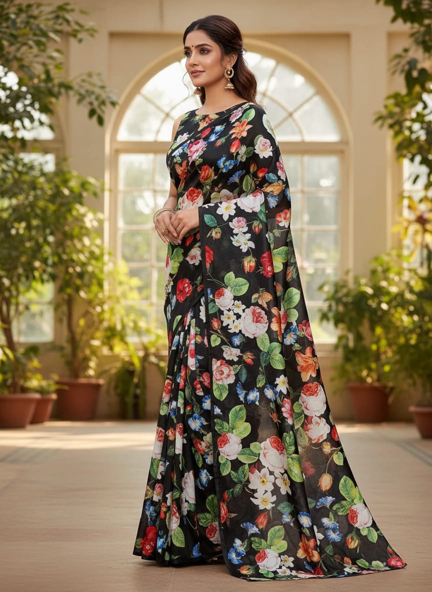 Black Vibrant Botanical Floral Garden Japan Satin Digital Printed Fabric
