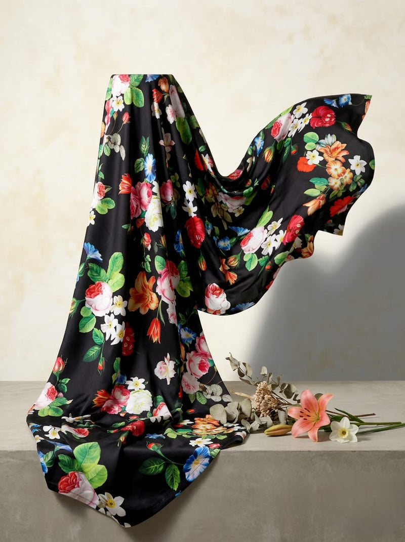 Black Vibrant Botanical Floral Garden Japan Satin Digital Printed Fabric