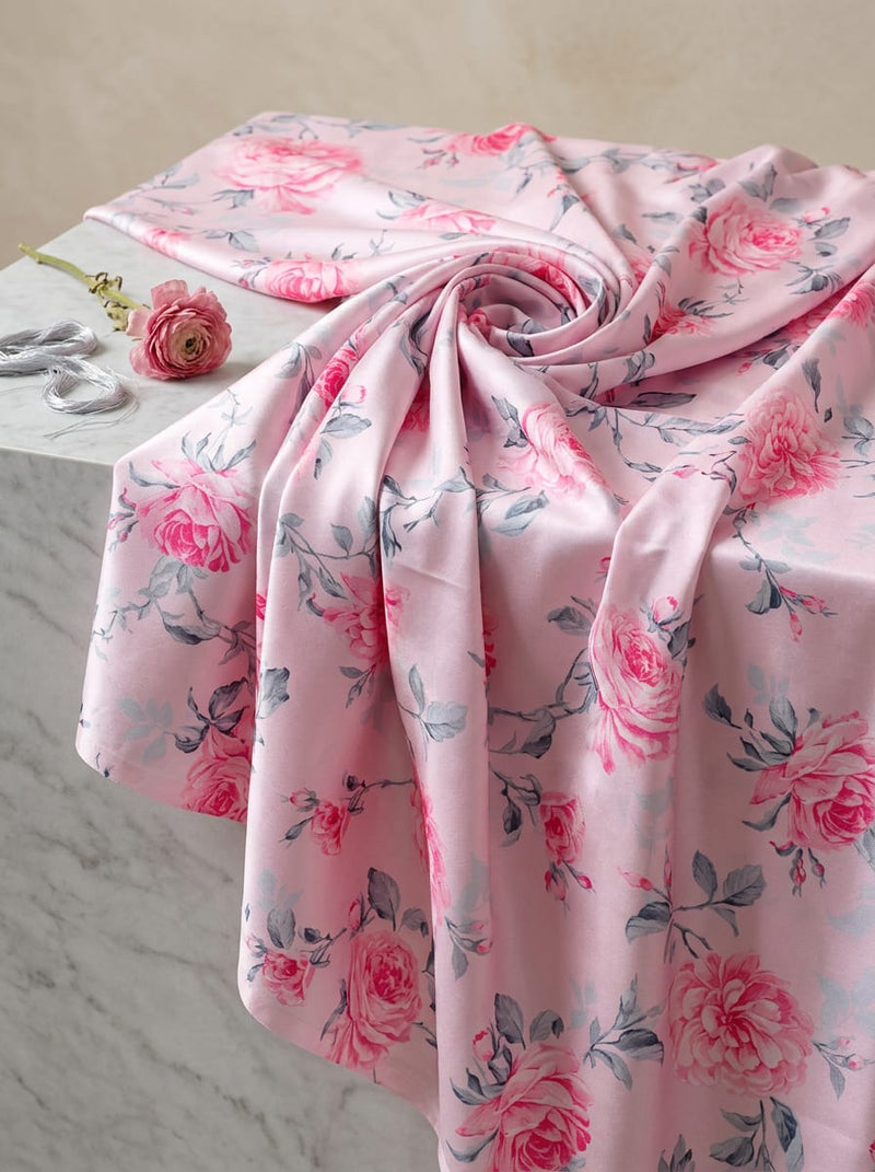 Pink Painterly Vintage Rose Floral Japan Satin Digital Printed Fabric