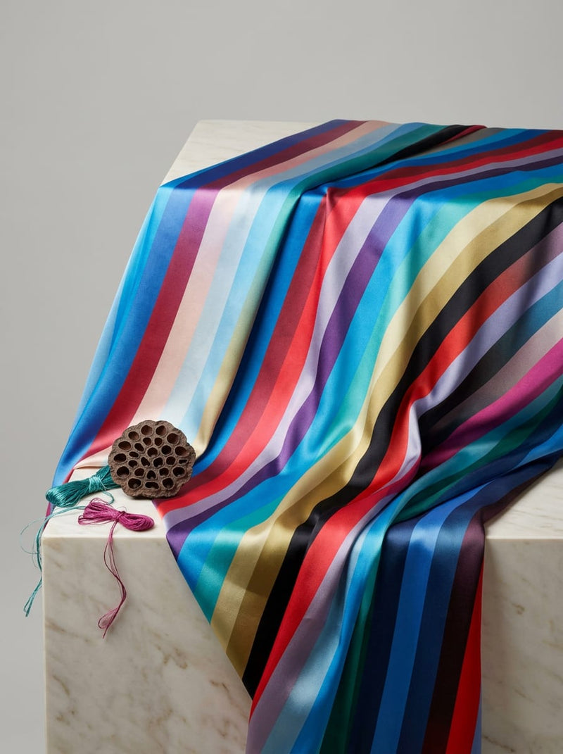 Multicolor Vibrant Multicolor Stripes Japan Satin Digital Printed Fabric