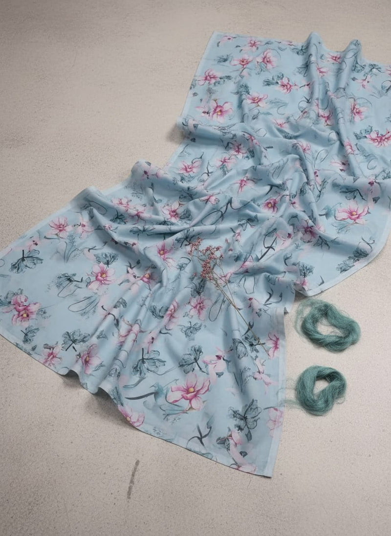 Blue Floral Digital Printed Fabric - Pure Cotton
