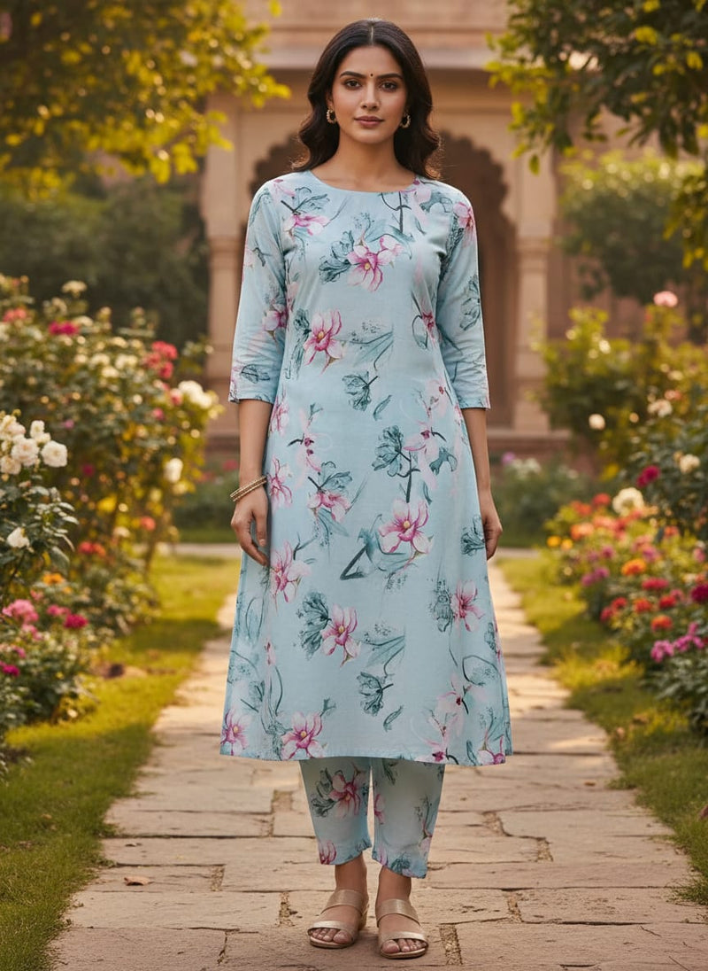 Blue Floral Digital Printed Fabric - Pure Cotton