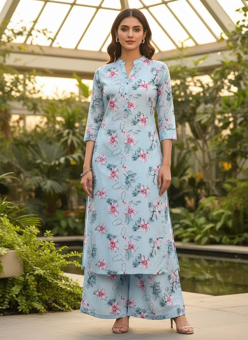 Blue Floral Digital Printed Fabric - Pure Cotton