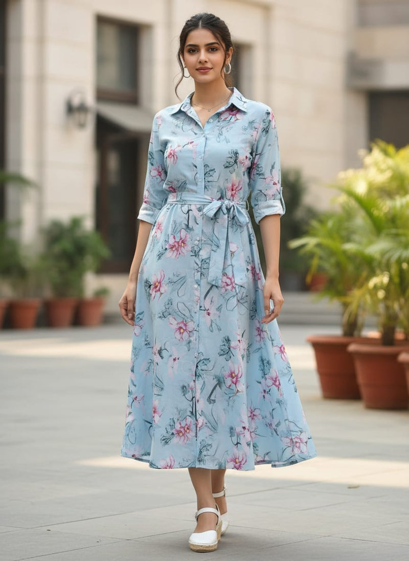 Blue Floral Digital Printed Fabric - Pure Cotton