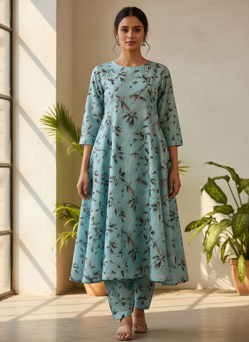 Attractive Sky Blue Leaves Digital Printed Fabric - Pure Cotton