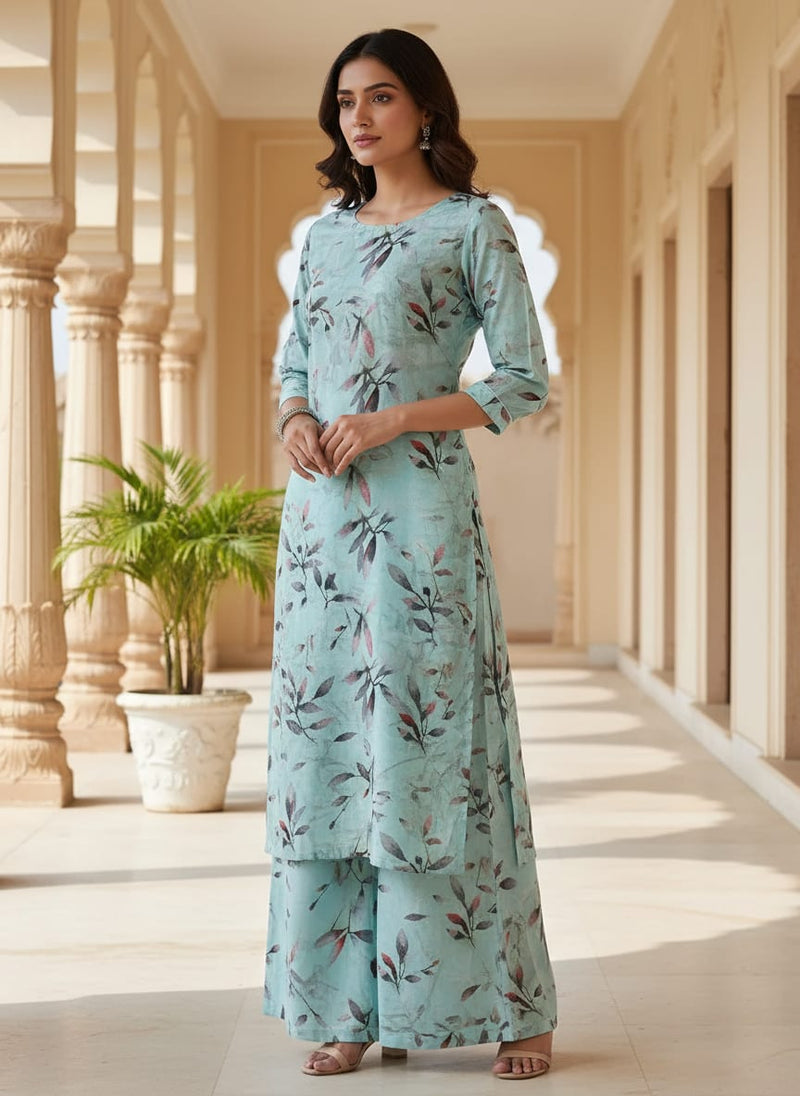Attractive Sky Blue Leaves Digital Printed Fabric - Pure Cotton