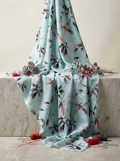 Blue Artistic Botanical Leaf Print Pure Cotton Digital Printed Fabric