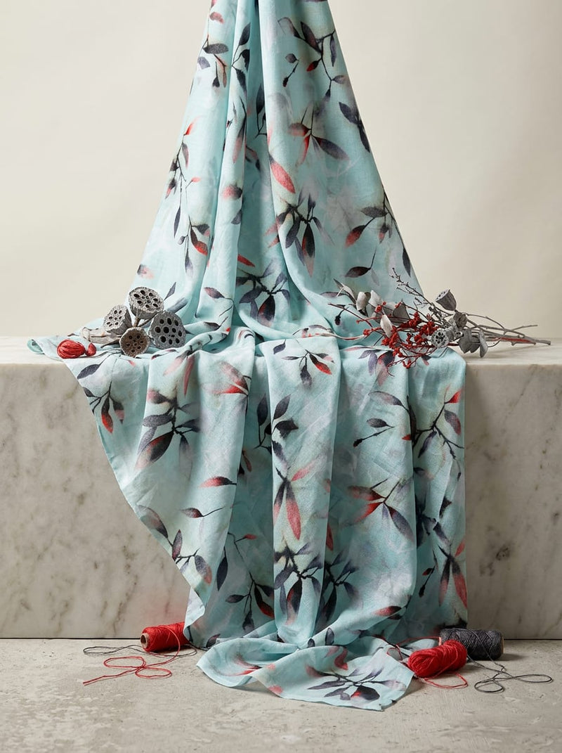Blue Artistic Botanical Leaf Print Pure Cotton Digital Printed Fabric