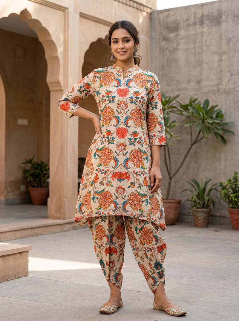 Multicolor Ethnic Kalamkari Style Floral Pure Cotton Digital Printed Fabric