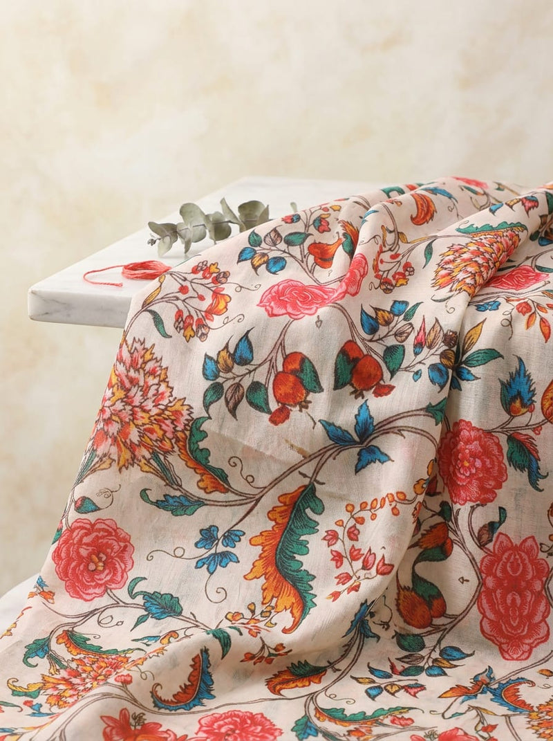 Multicolor Ethnic Kalamkari Style Floral Pure Cotton Digital Printed Fabric