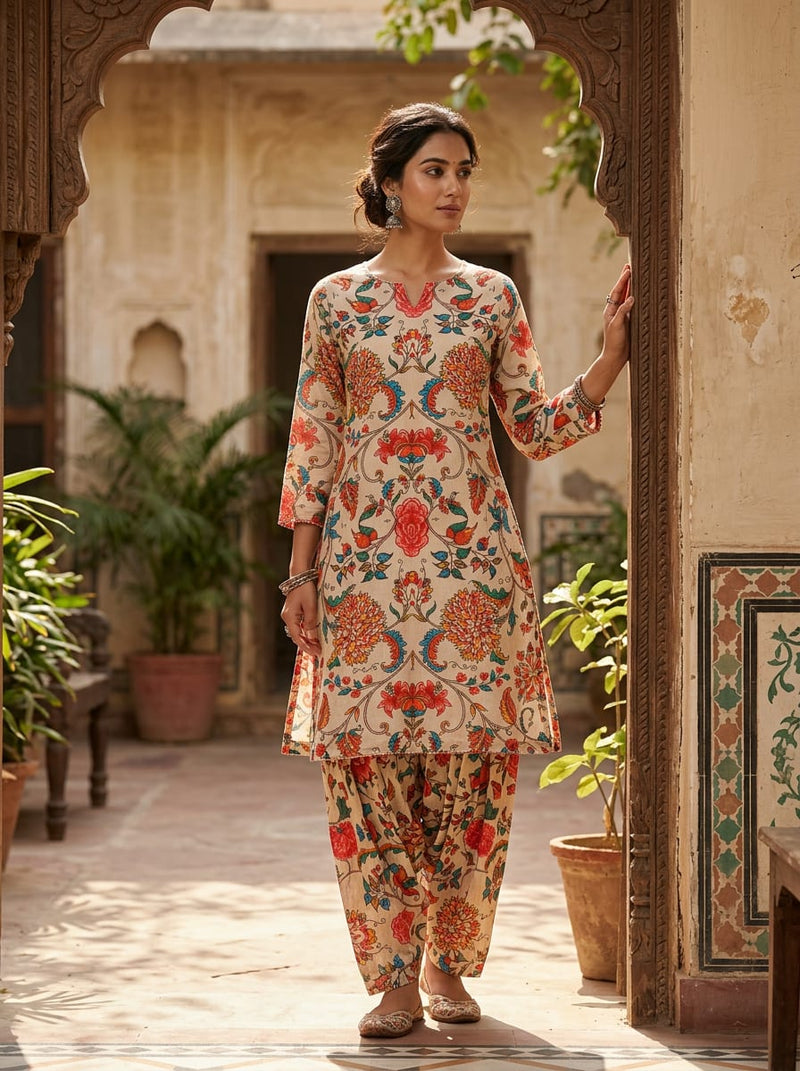 Multicolor Ethnic Kalamkari Style Floral Pure Cotton Digital Printed Fabric