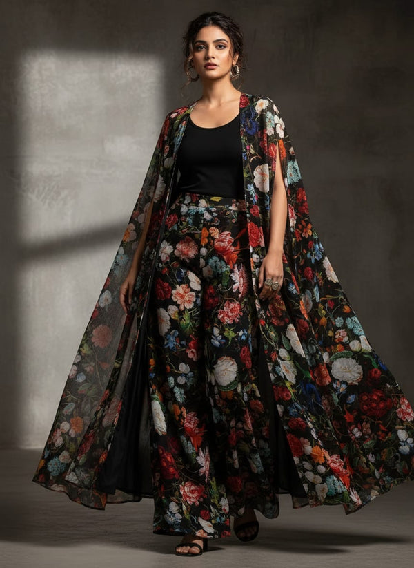Vitage Flowers Allover Digital Printed Fabric - Pure Chinon - Cape with Palazzo Lookbook - PC-0-TA0025-106 - alternate view