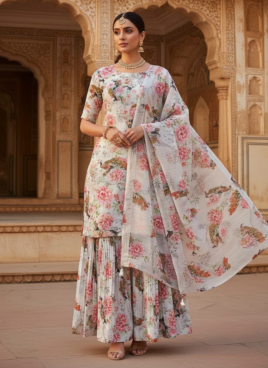 Peacock & Floral Digital Printed Fabric - Pure Chinon