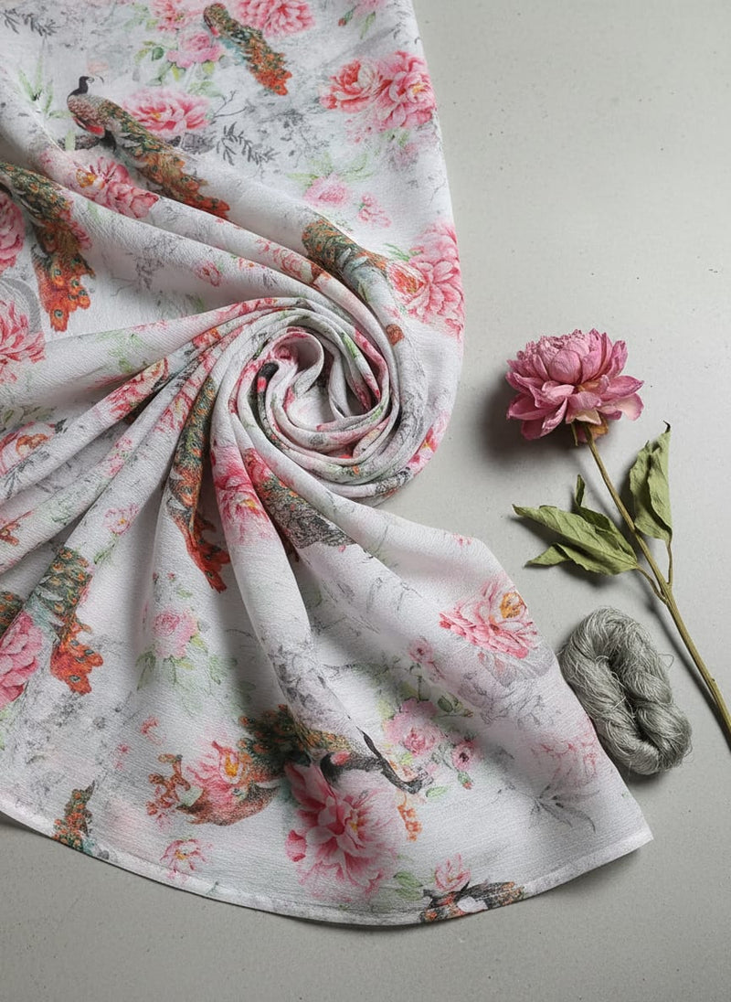 Peacock & Floral Digital Printed Fabric - Pure Chinon