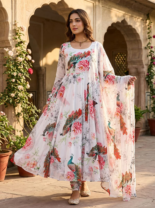 Multicolor Painterly Peacock and Floral Pure Chinon Digital Printed Fabric - Anarkali Kurta Set Lookbook - PC-0-TA06406-106 - alternate view