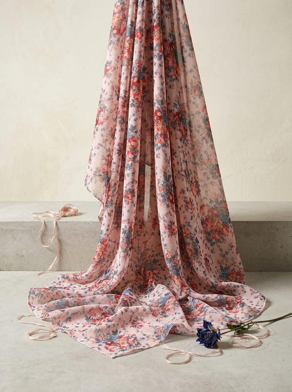 Multicolor Vintage Rose Bouquet Floral Pure Chinon Digital Printed Fabric - Fabric Editorial Studio Flatlay Lookbook - PC-0-TA05681-106