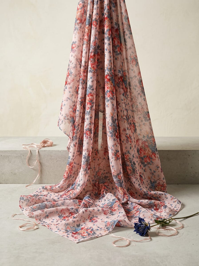 Multicolor Vintage Rose Bouquet Floral Pure Chinon Digital Printed Fabric