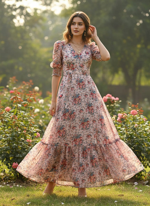 Beautiful Ditsy Flowers On Blue Digital Printed Fabric - Pure Chinon - Flowy Maxi Dress Lookbook - PC-0-TA05681-106 - alternate view