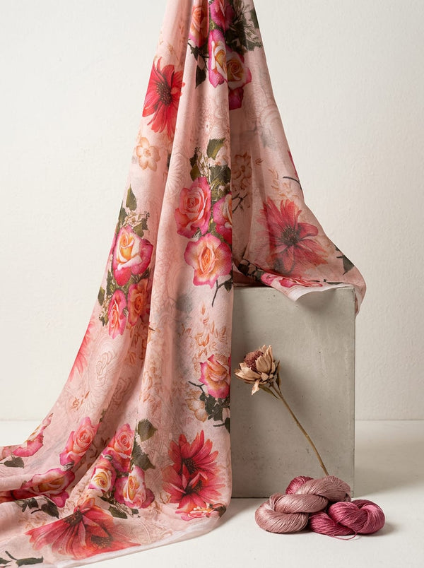 Multicolor Vintage Rose Floral Pure Chinon Digital Printed Fabric - Fabric Editorial Studio Flatlay Lookbook - PC-0-TA0090-106