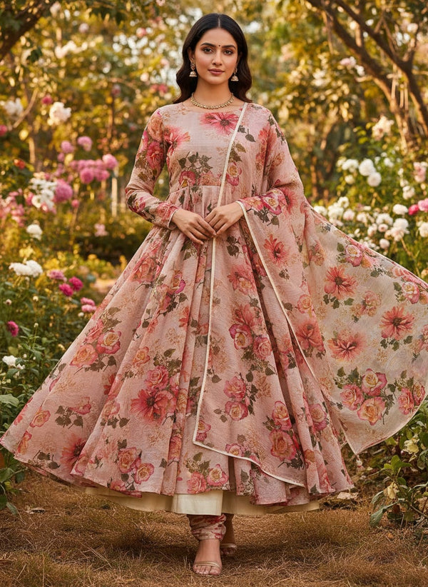 Pink Rose Bunch Allover - Pure Chinon - Anarkali Kurta Set Lookbook - PC-0-TA0090-106 - alternate view