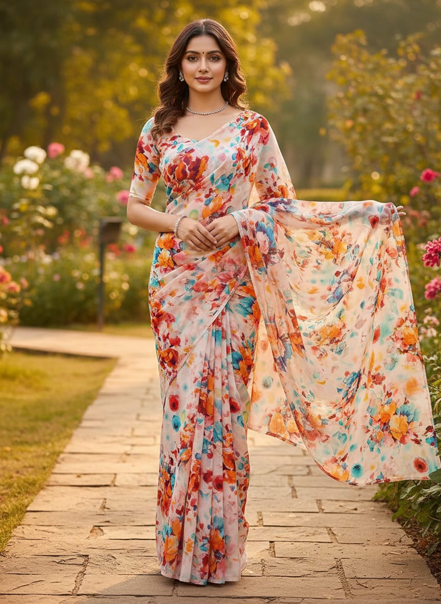 Rainbow Colourful Tulip Roses Digital Printed Fabric - Pure Georgette
