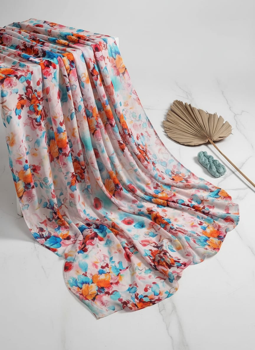 Rainbow Colourful Tulip Roses Digital Printed Fabric - Pure Georgette