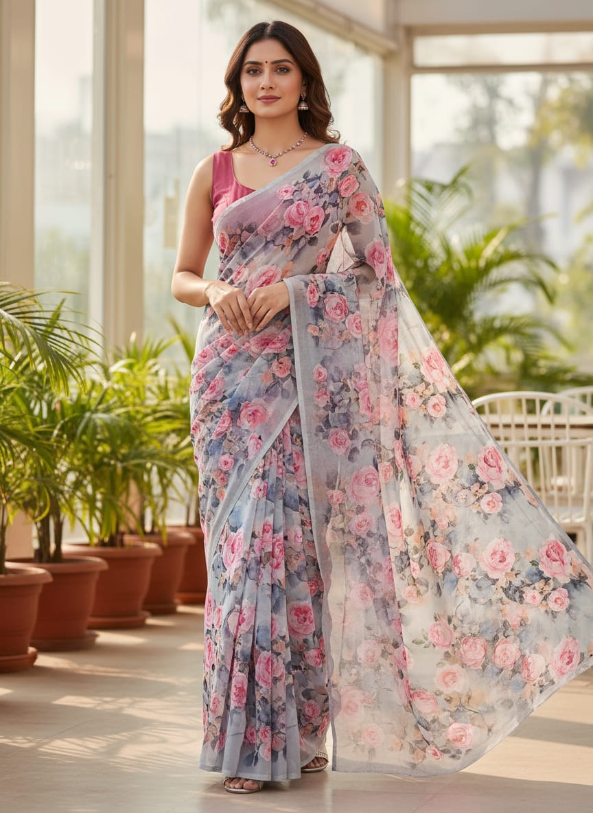 Pink And Peach Rose Allover Digital Printed Fabric - Pure Georgette