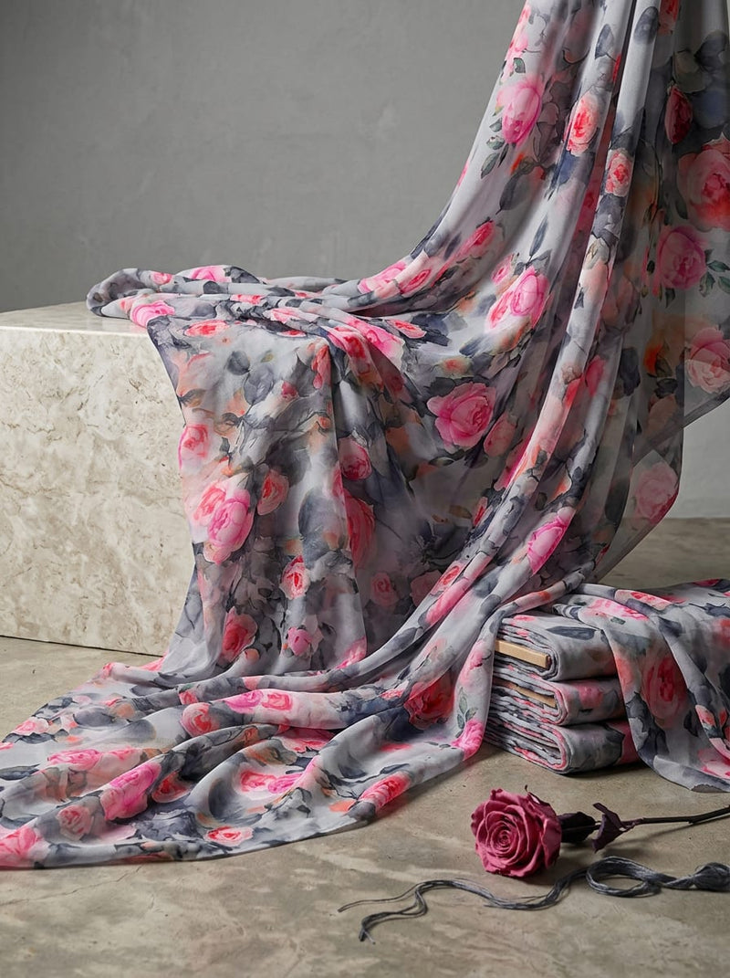 Grey Watercolour Rose Floral Pure Georgette Digital Printed Fabric