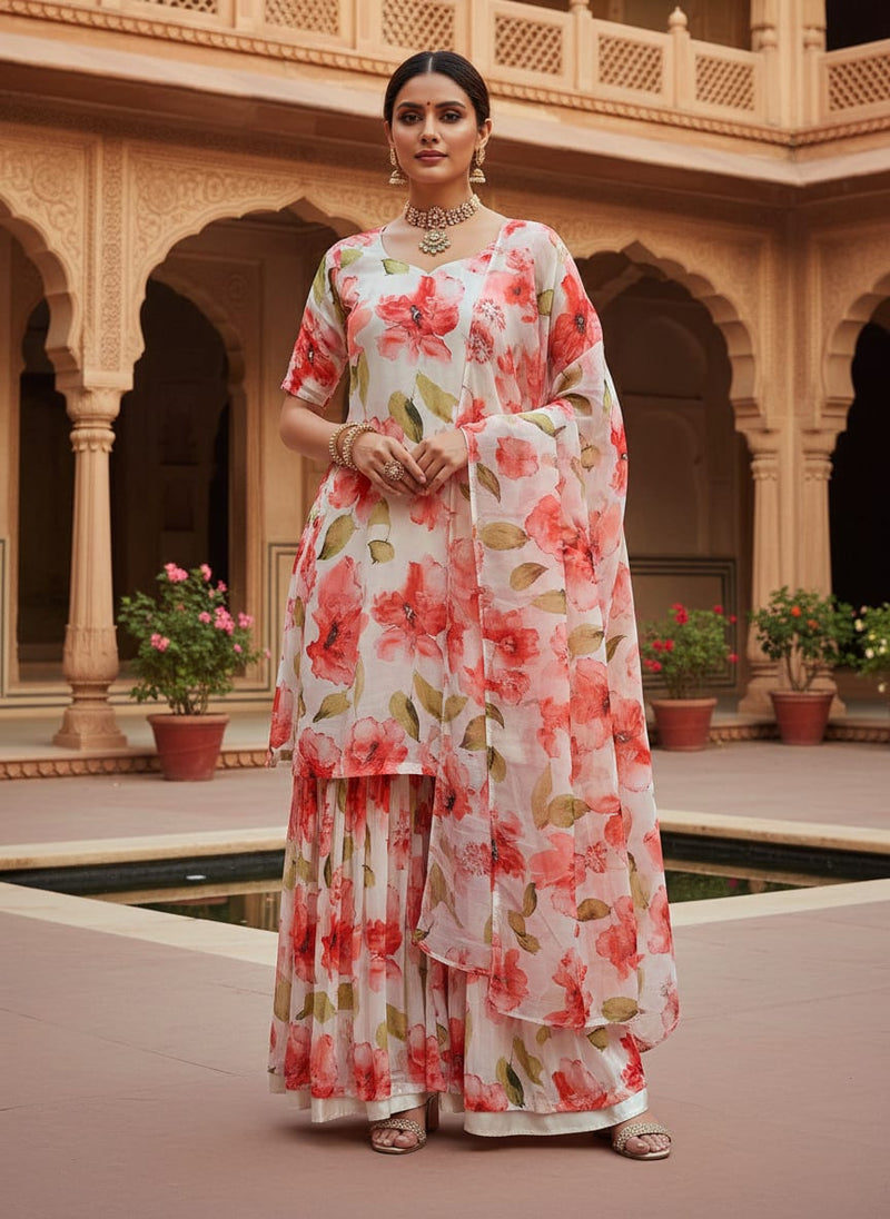 Red Flower Repeat Digital Printed Fabric - Pure Georgette